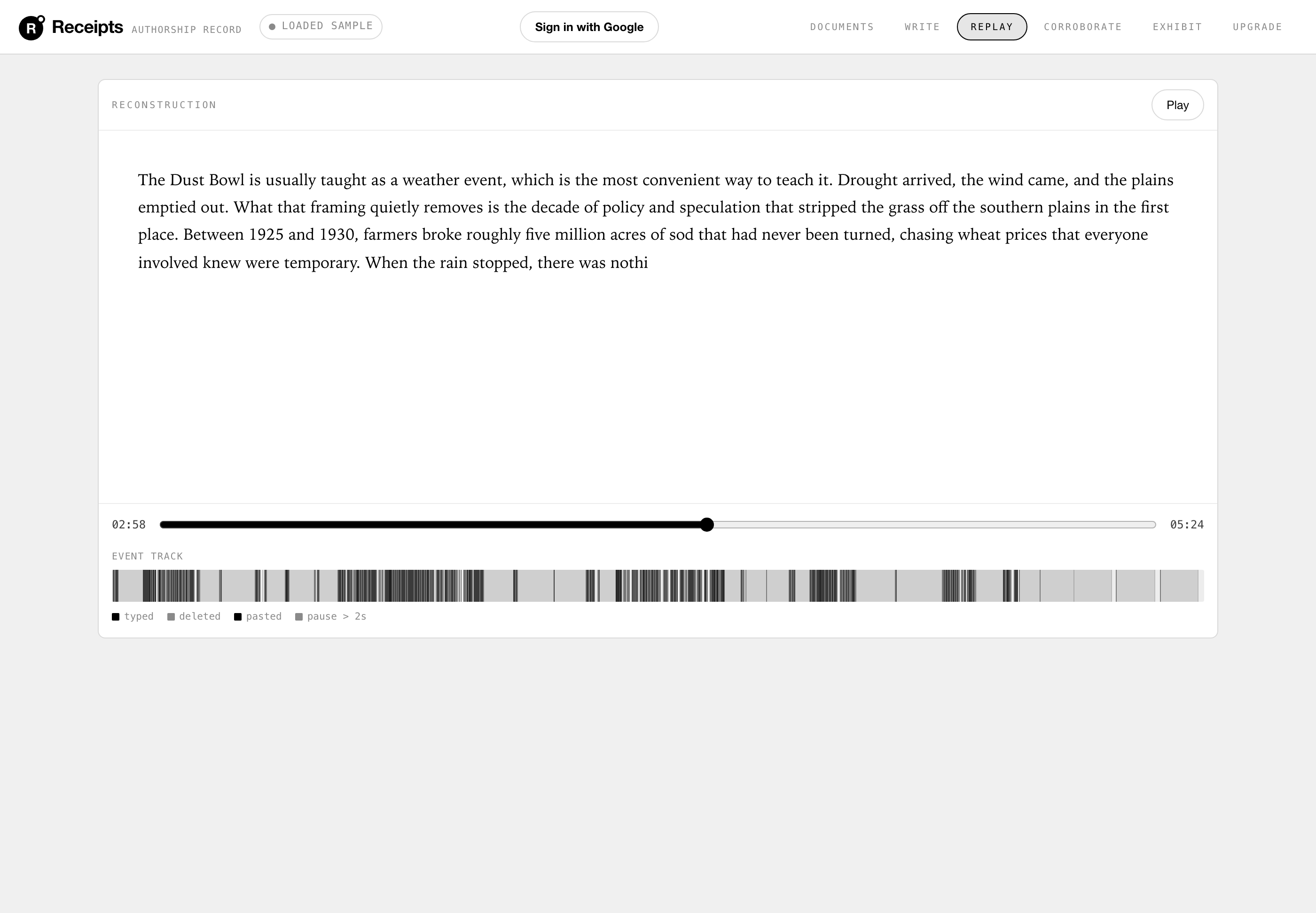 The replay view reconstructing a document mid-session with an event track of typing, deletions and pastes.