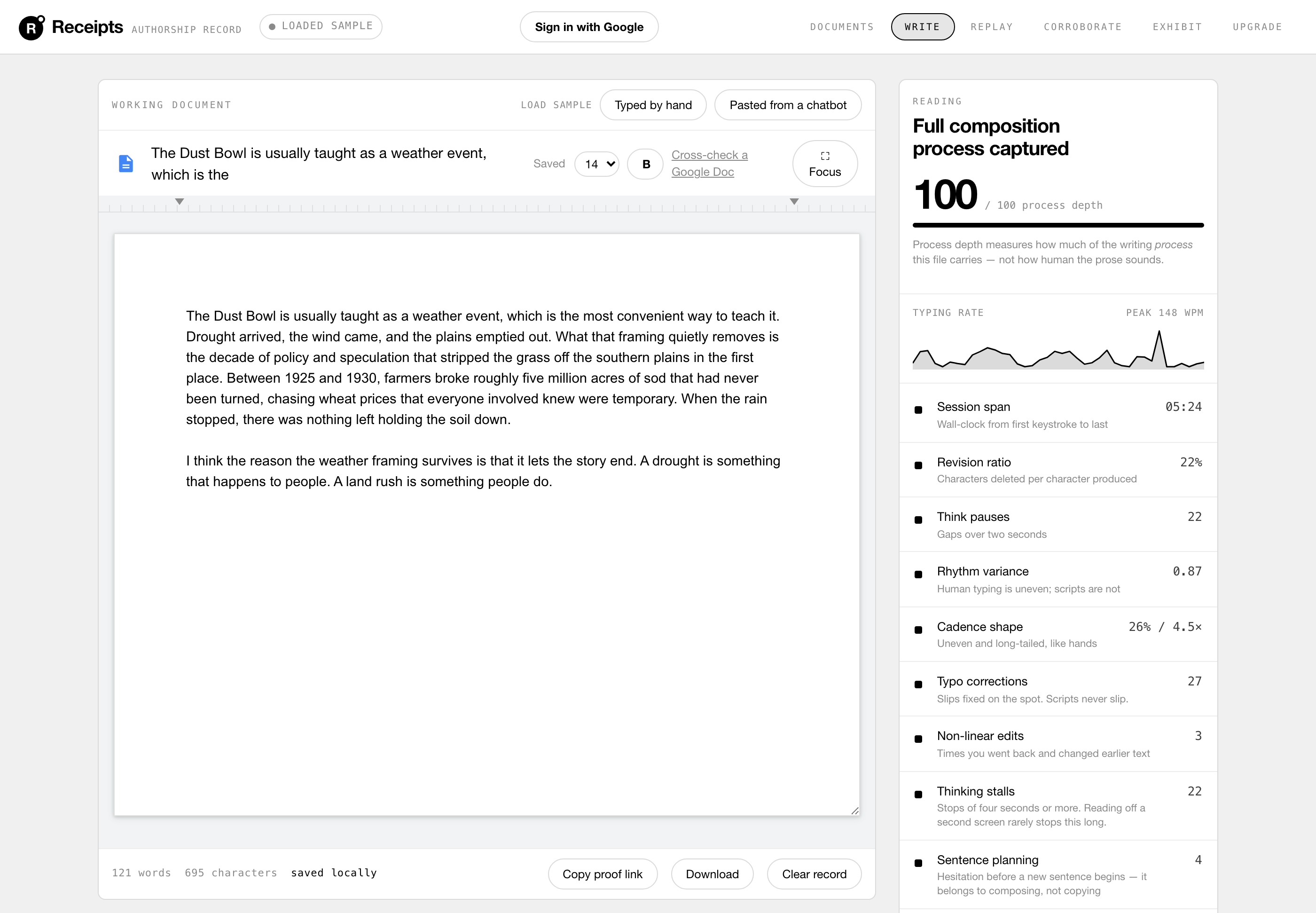 The Receipts editor with a live evidence rail showing session span, revision ratio, thinking pauses, rhythm variance and pasted share.